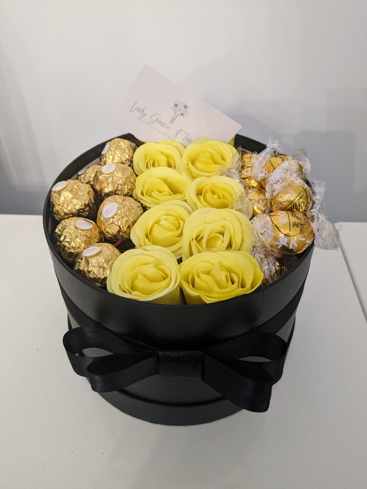 Black and Yellow Ferrero & White Lindt Hat Box Silk Flowers Gift - Large