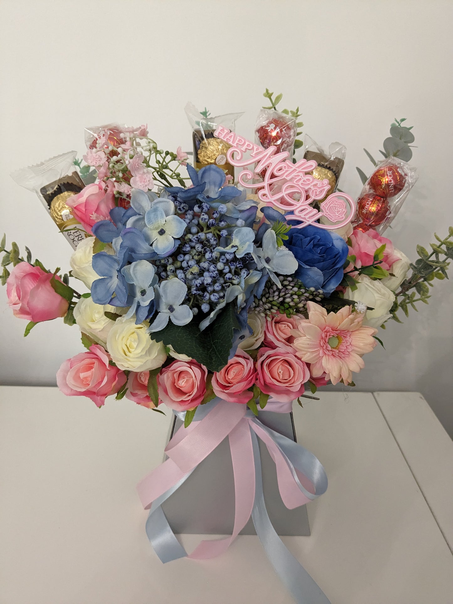 Mother's Day Ferrero Rocher & Lindt Lindor Silver Pink & Blue Stunning Silk Flowers Bouquet Gift