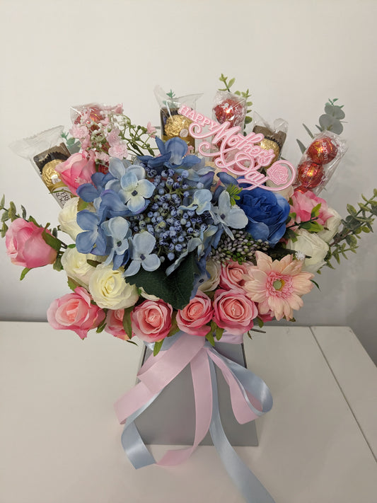 Mother's Day Ferrero Rocher & Lindt Lindor Silver Pink & Blue Stunning Silk Flowers Bouquet Gift