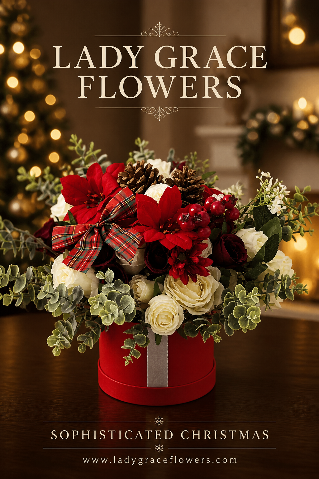 Christmas Winter Red & Cream Stunning Silk Flowers Hat Box