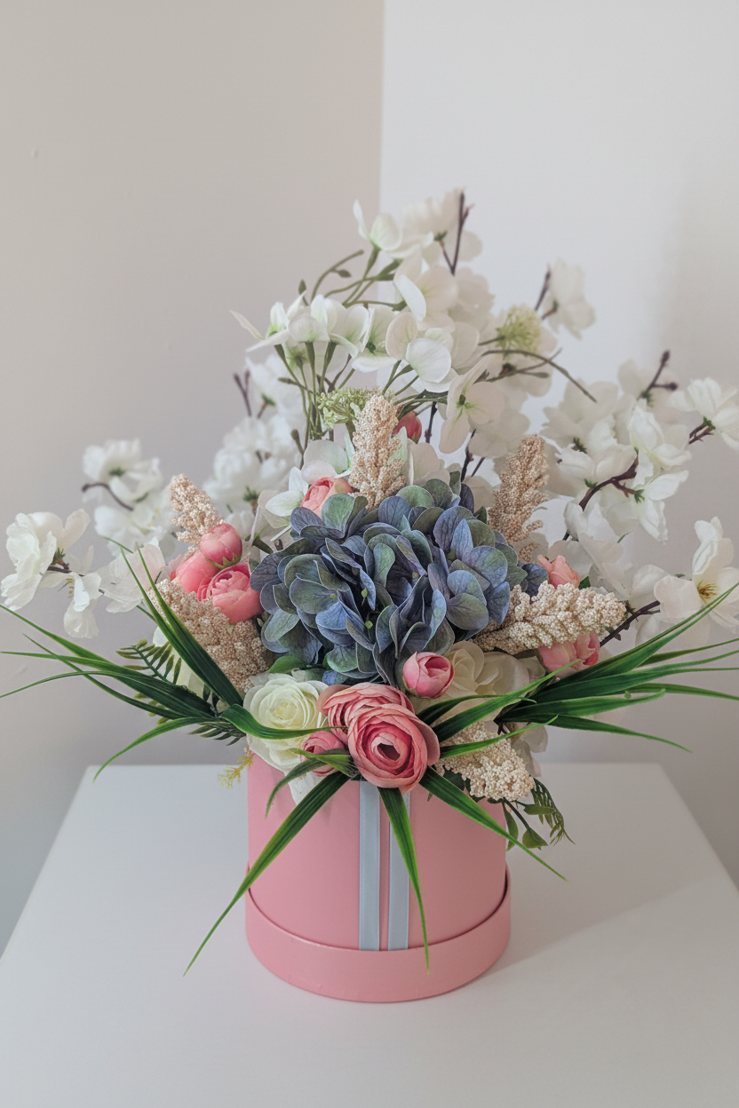 Blue/Pink Silk Flowers Hat Box