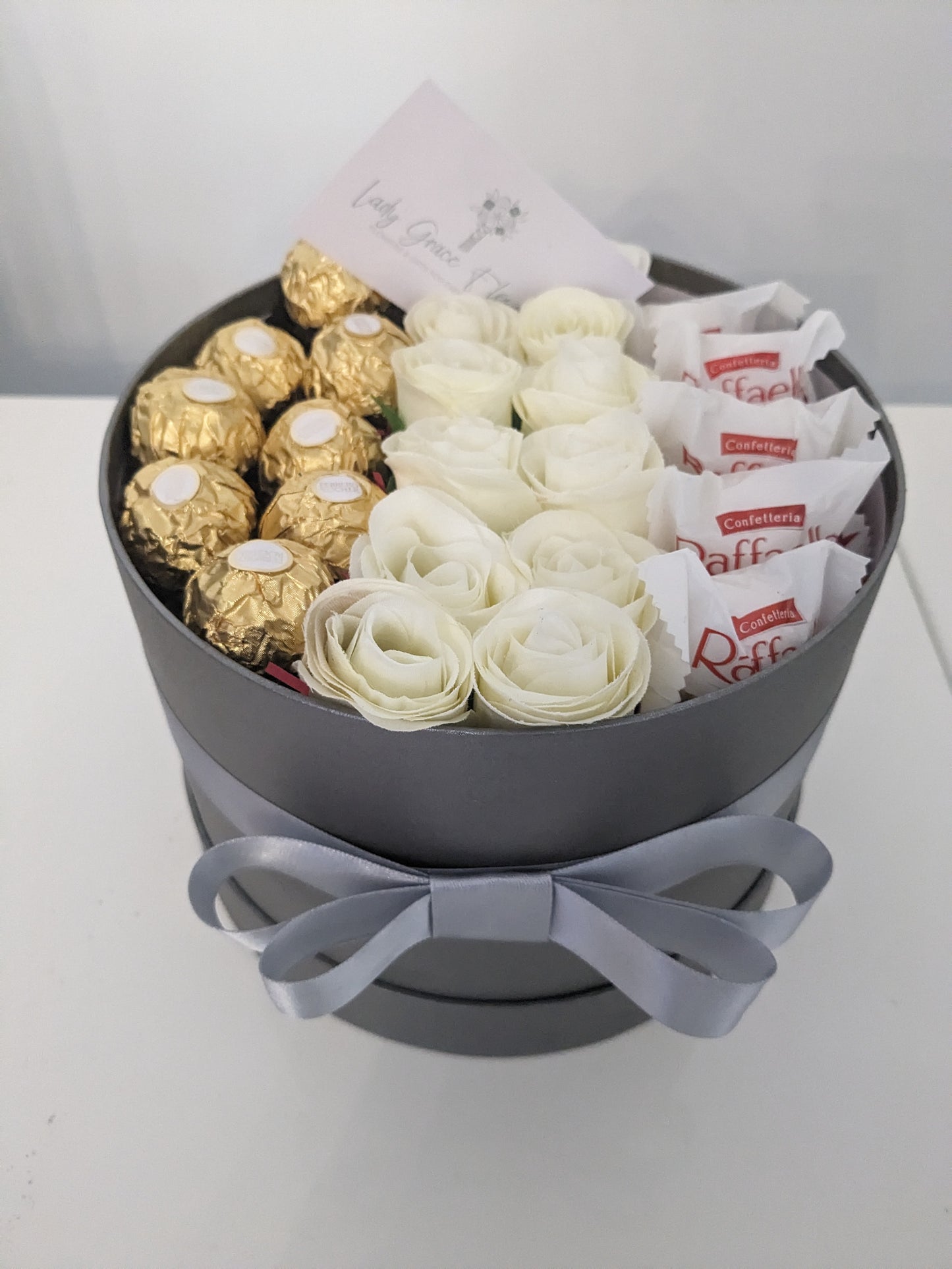 Grey Ferrero & Rafaello Hat Box Silk Flowers Gift - Small