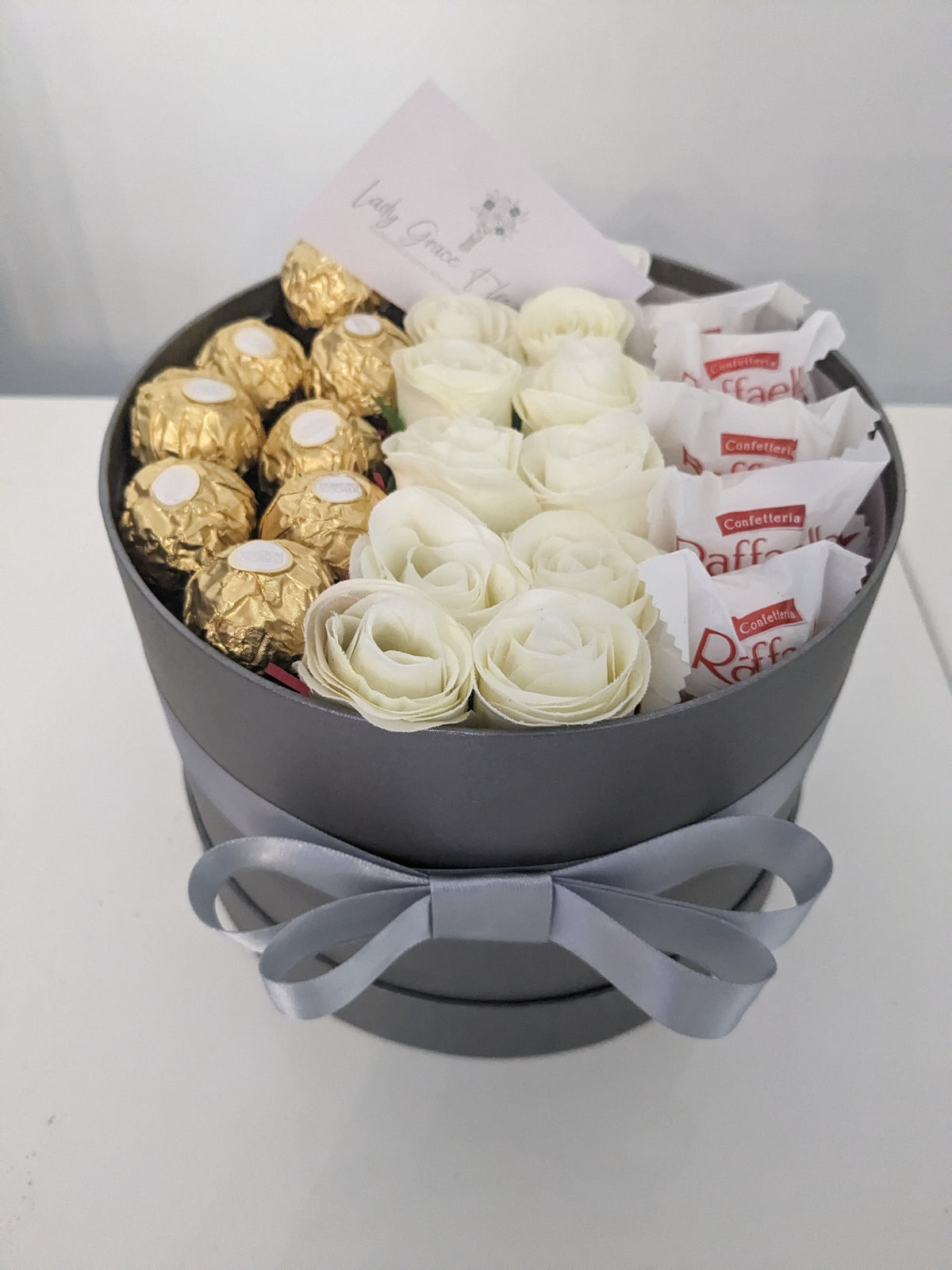 Grey Ferrero & Rafaello Hat Box Silk Flowers Gift - Large