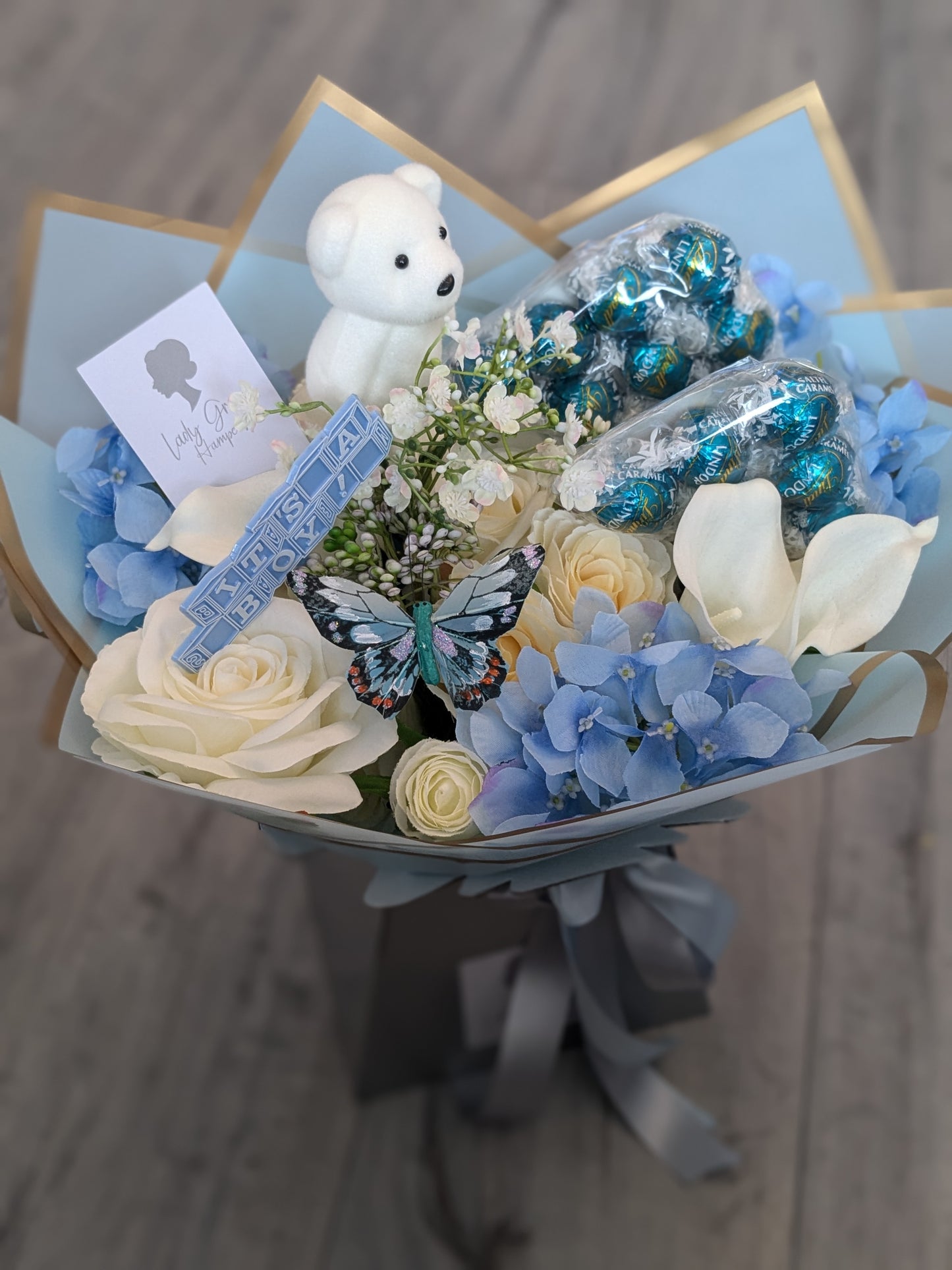 Baby Boy Lindt Salted Caramel Stunning Handtied Bouquet