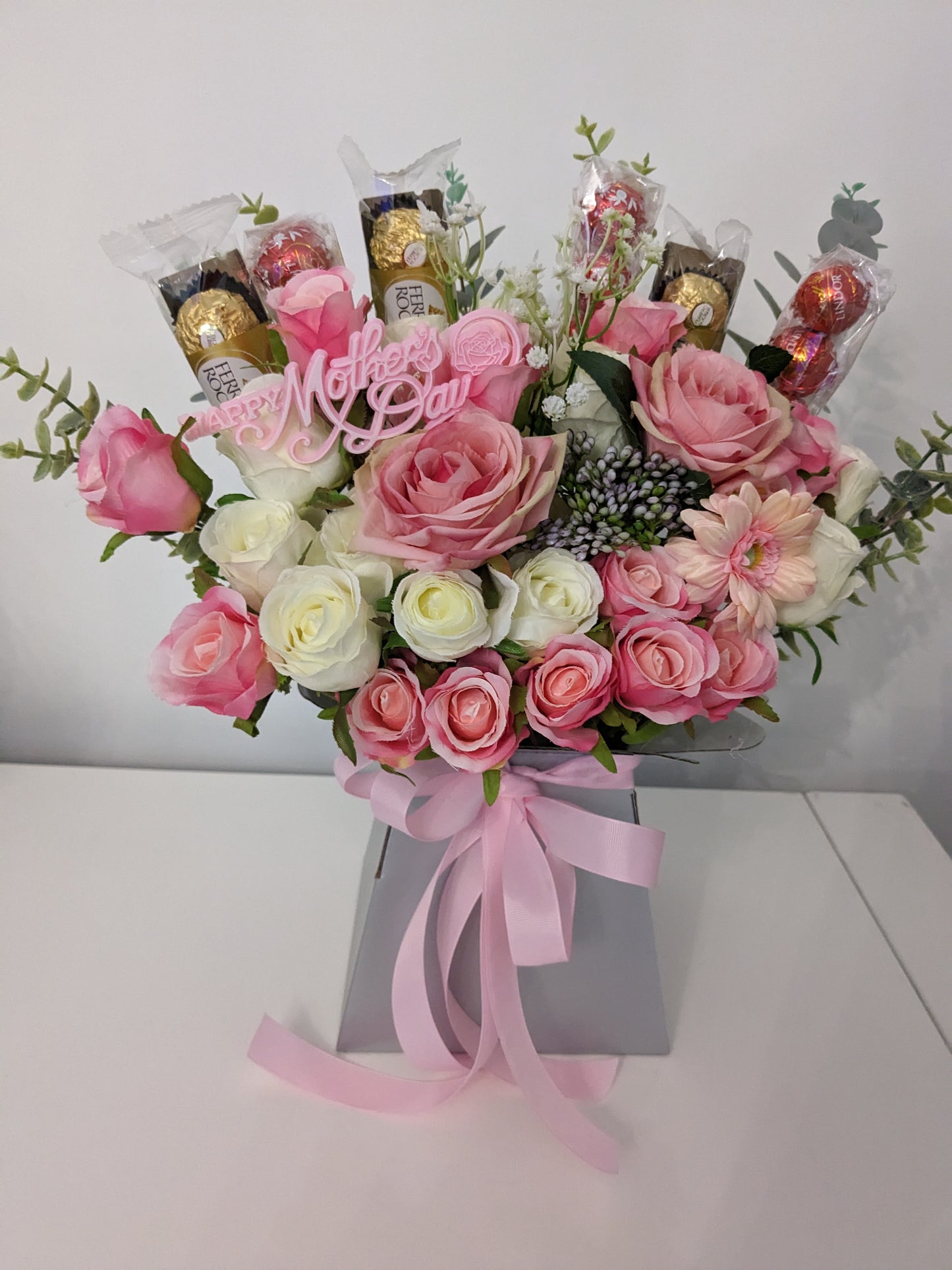 Mother's Day Lindt Lindor & Ferrero Silver Pink Stunning Silk Flowers Bouquet Gift