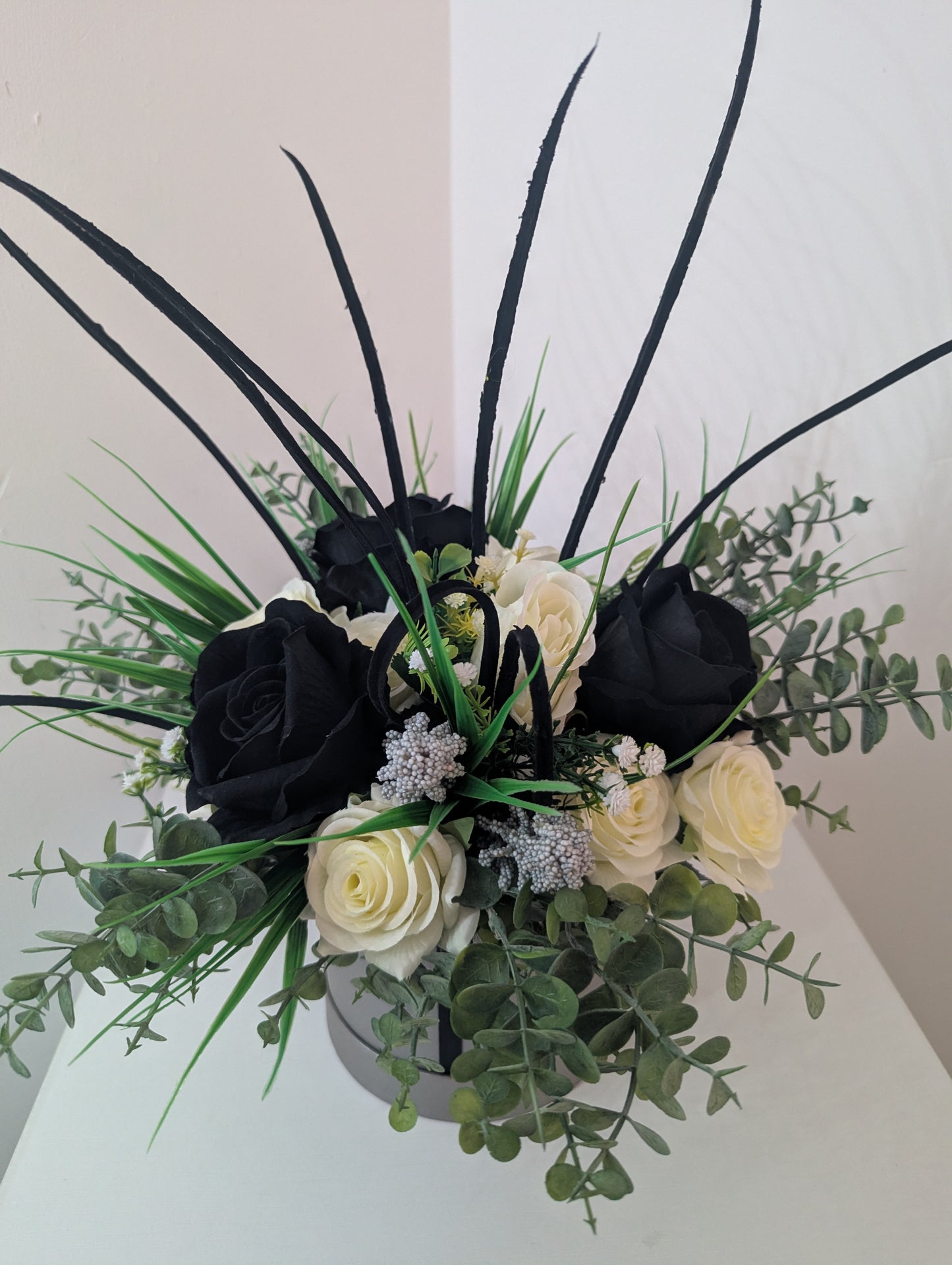 Grey/Black Silk Flowers Hat Box