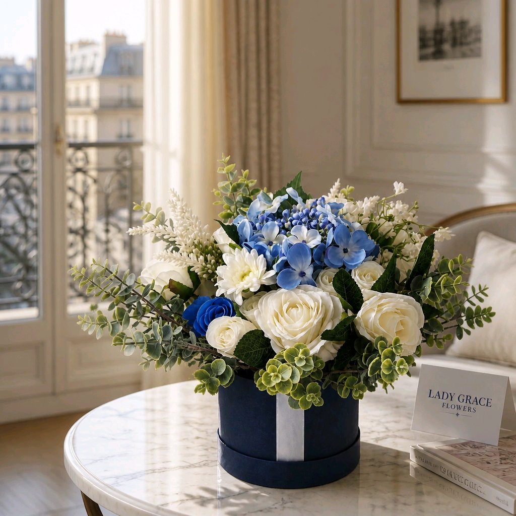 Blue & Cream Stunning Silk Flowers Hat Box