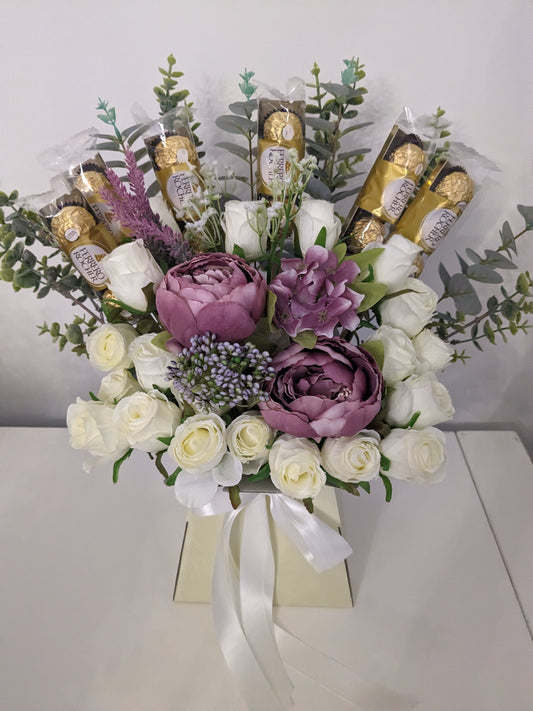 Ferrero Rocher Cream & Mauve Stunning Silk Flowers Bouquet Gift