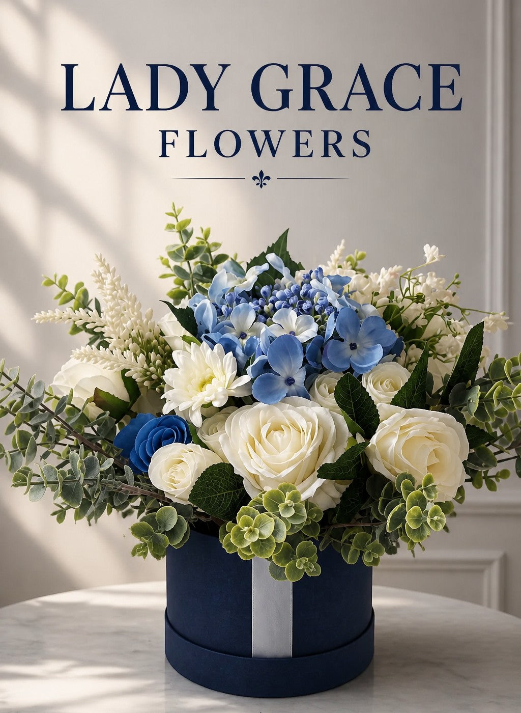 Blue & Cream Stunning Silk Flowers Hat Box