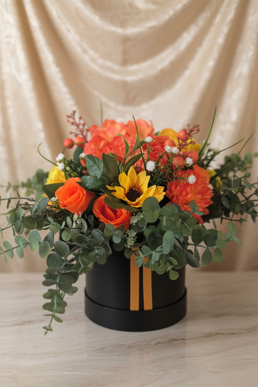 Black/Orange Silk Flowers Hat Box Gift