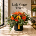 Black/Orange Silk Flowers Hat Box Gift