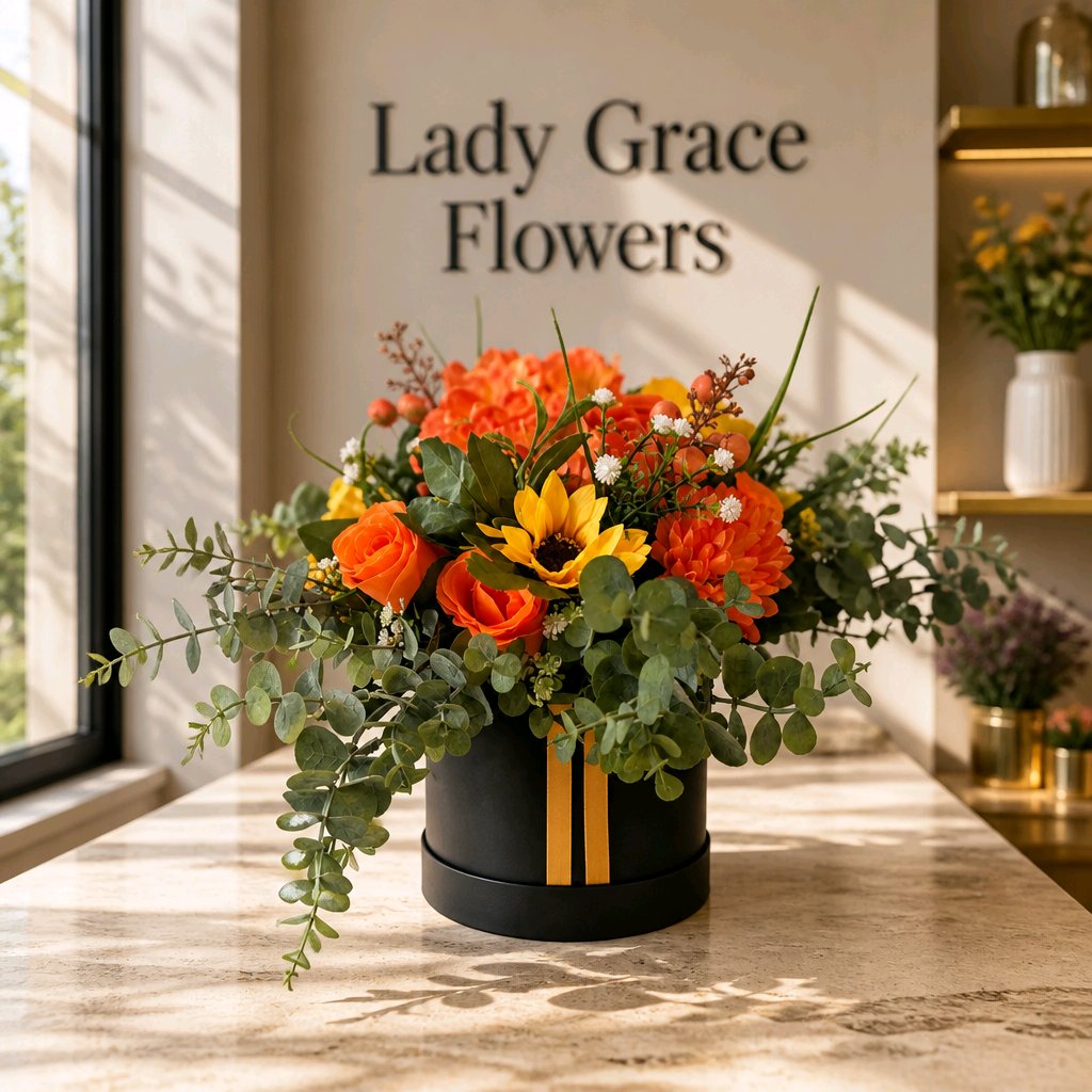 Black/Orange Silk Flowers Hat Box Gift