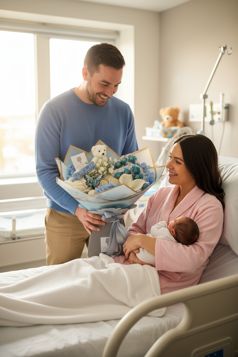 Baby Boy Lindt Salted Caramel Stunning Handtied Bouquet