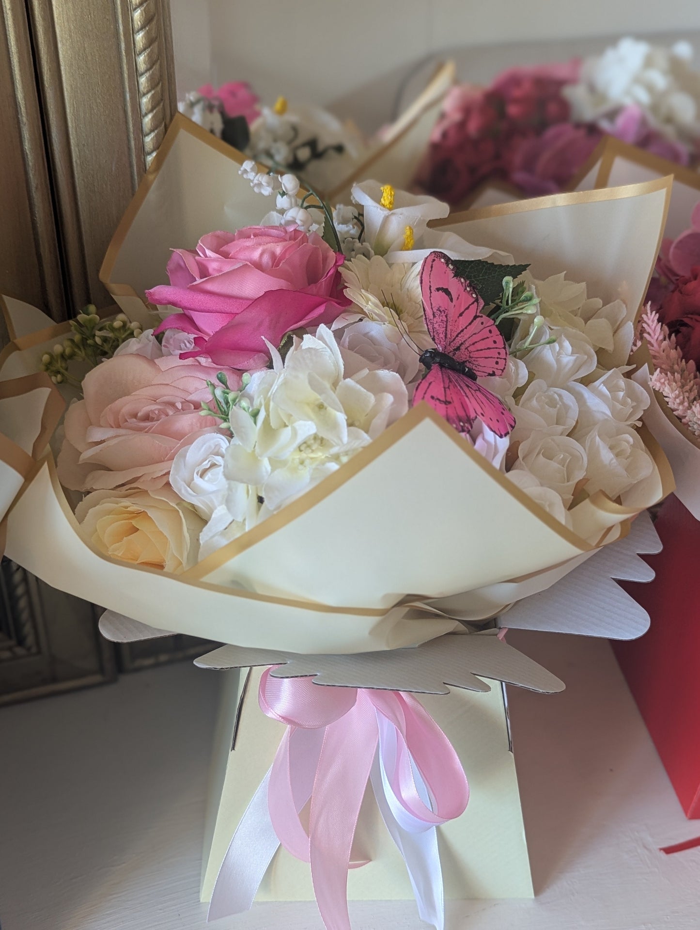 Cream/Pink Silk Flowers Hand Tied Bouquet