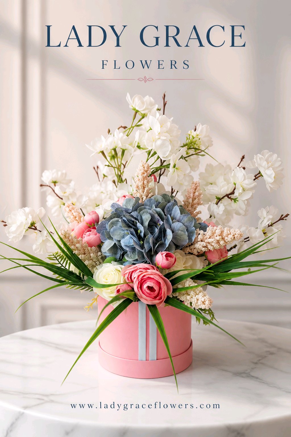 Pink & Blue Stunning Silk Flowers Hat Box