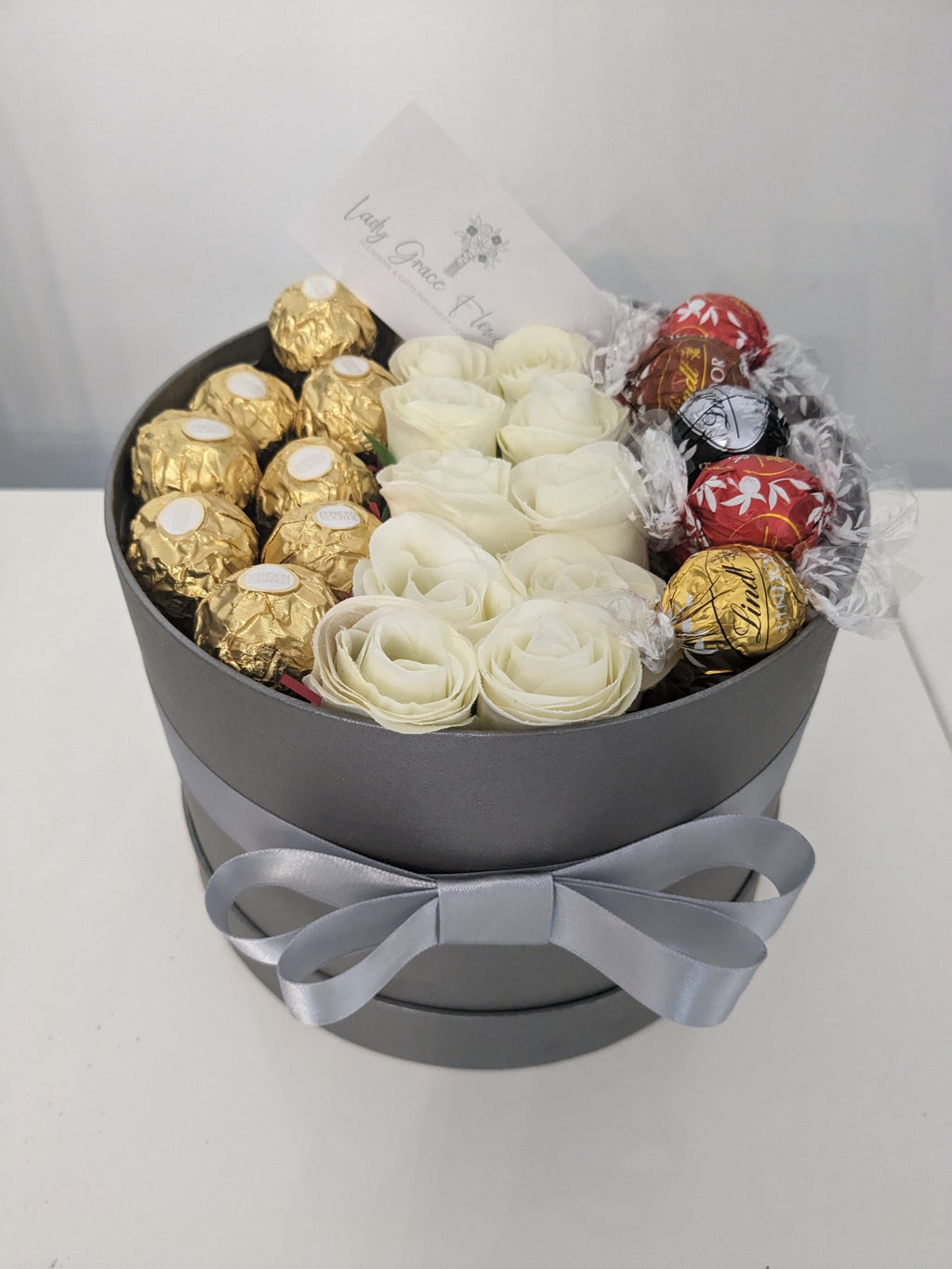 Grey Ferrero & Lindt Hat Box Silk Flowers Gift - Medium