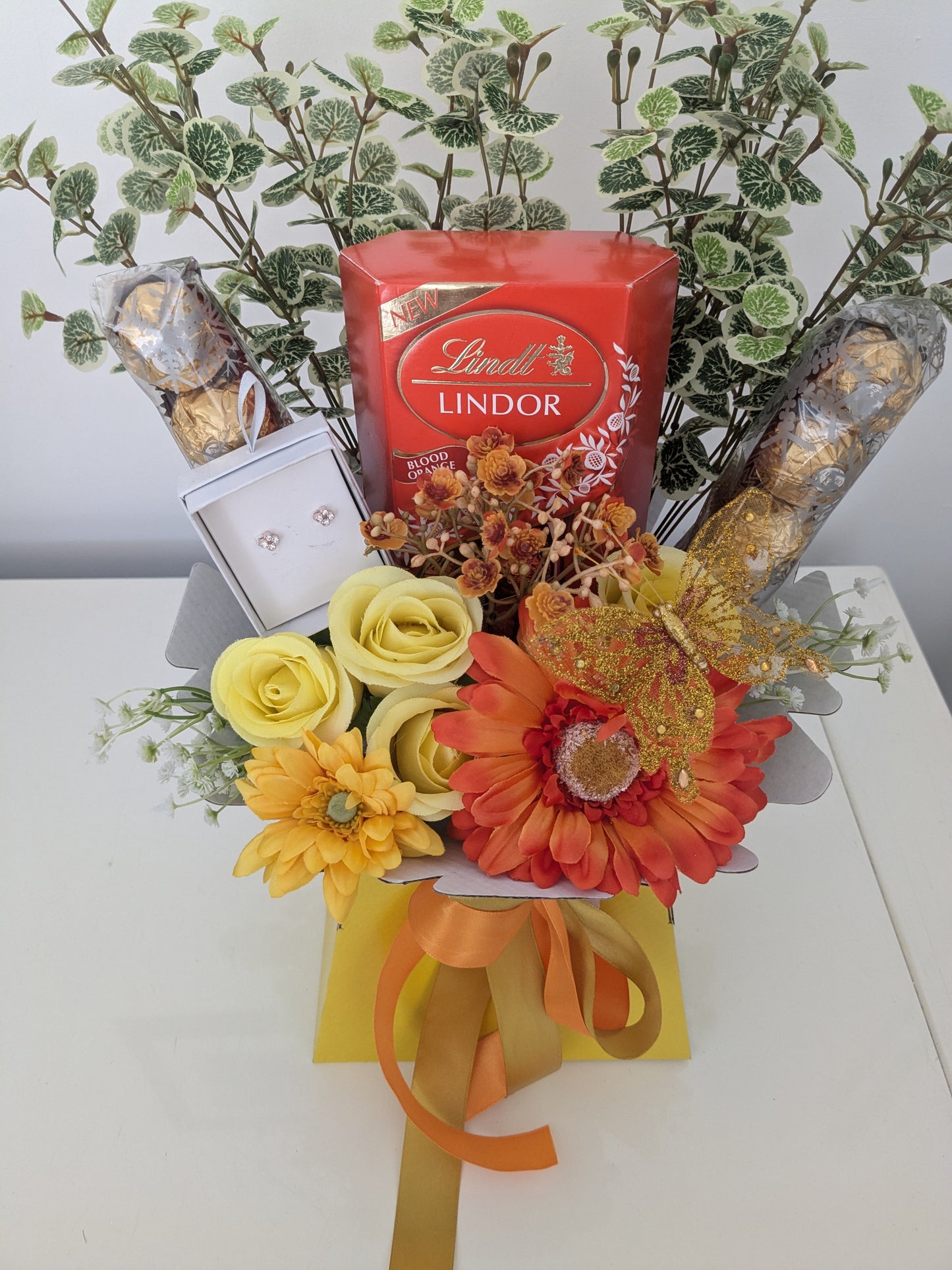 Stunning Orange Lindt and Ferrero Earrings Silk Flowers Bouquet Gift