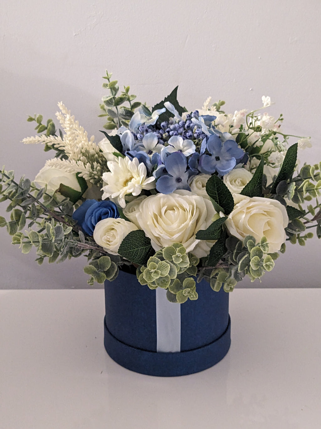 Blue & Cream Stunning Silk Flowers Hat Box