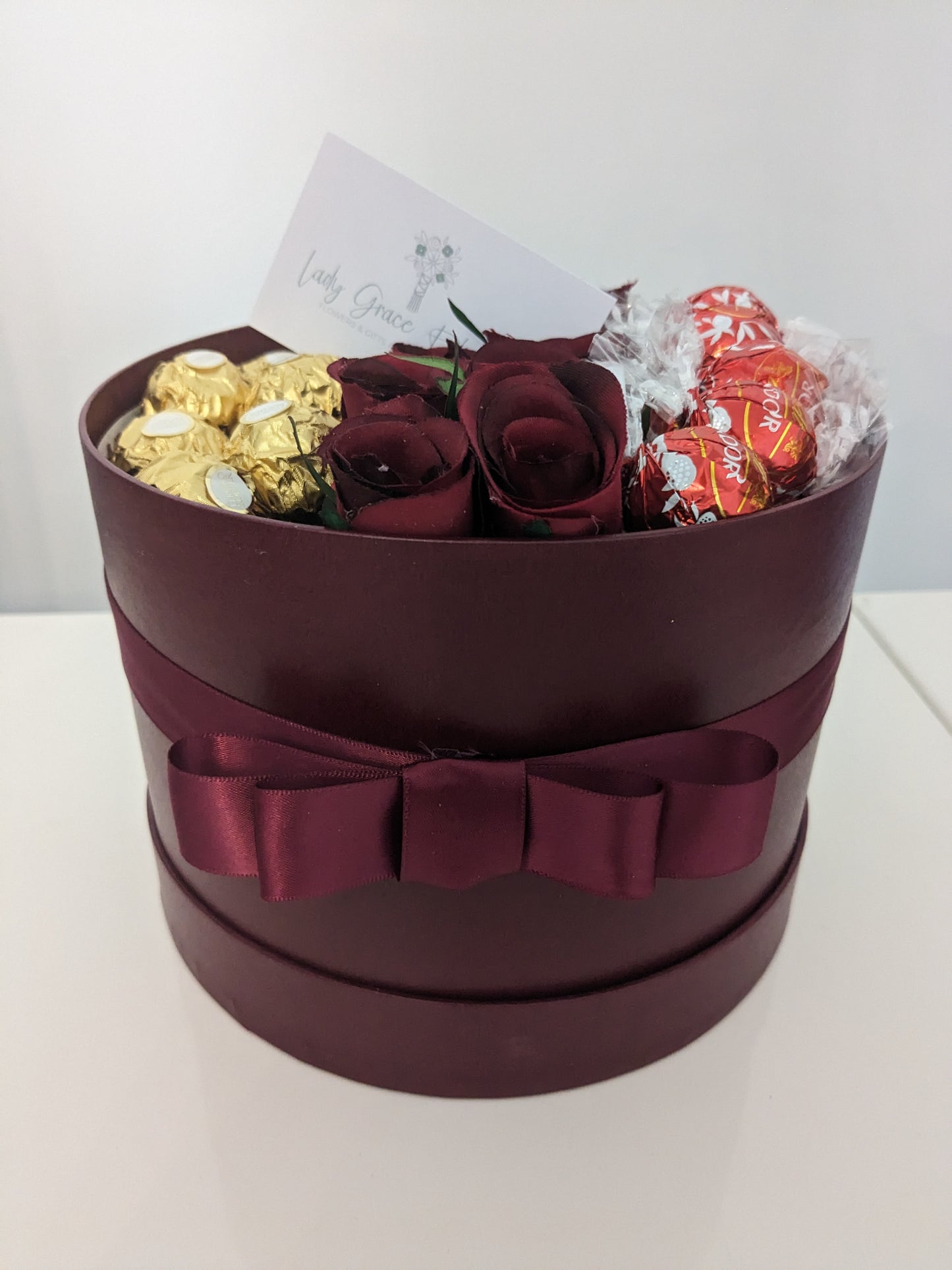 Burgundy Ferrero & Lindt Hat Box Silk Flowers Gift - Large