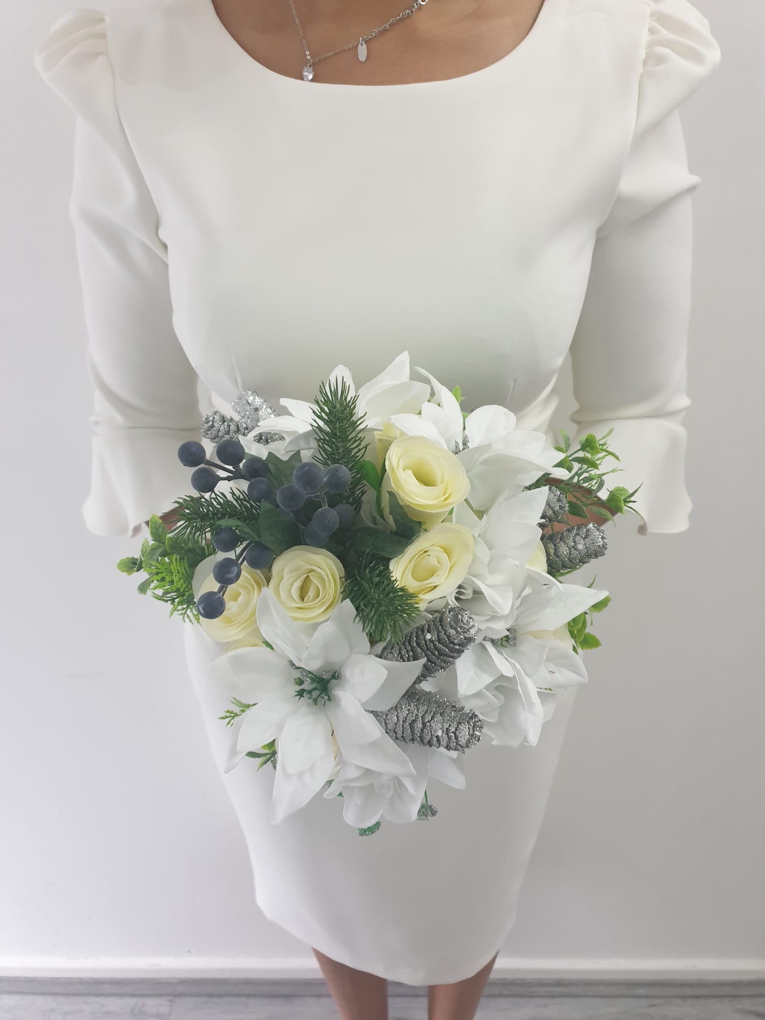 White & Silver Christmas Time Stunning Brides Wedding Bouquet