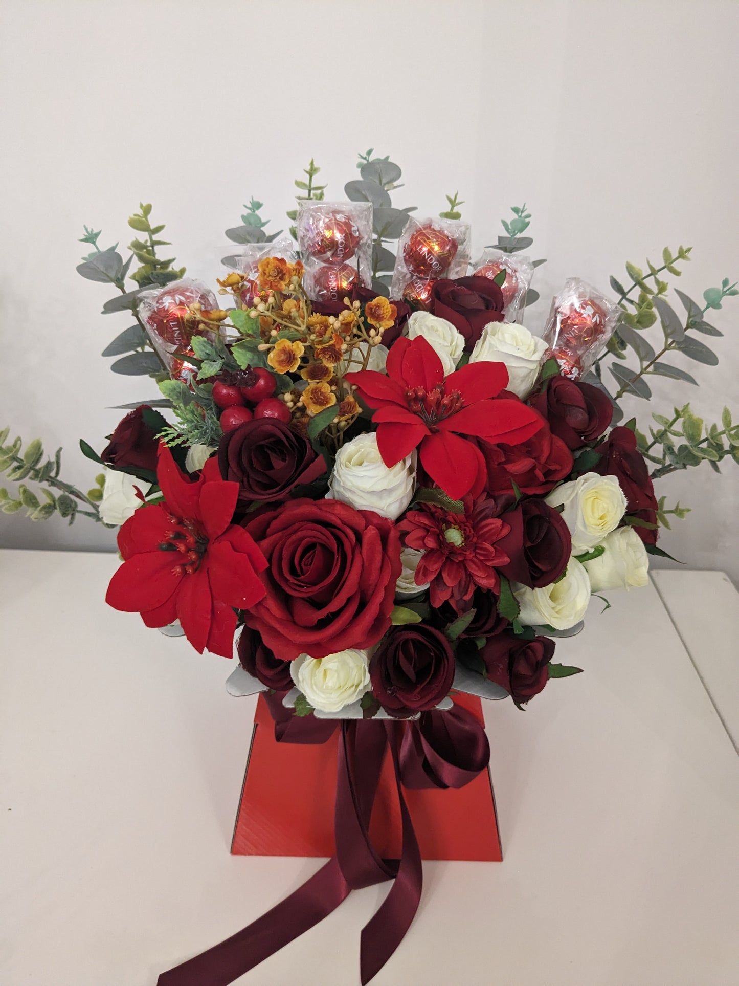 Lindt Lindor Christmas Red Stunning Silk Flowers Bouquet Gift