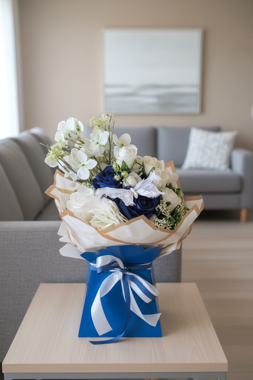 Blue/White Silk Flowers Hand Tied Bouquet