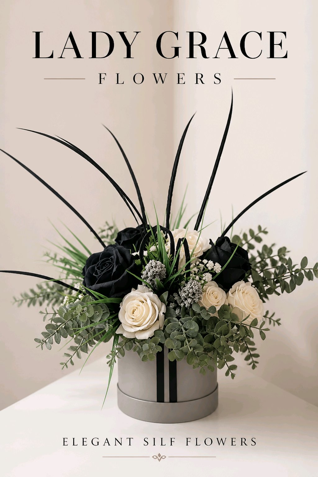 Silver Black Cream Stunning Silk Flowers Hat Box