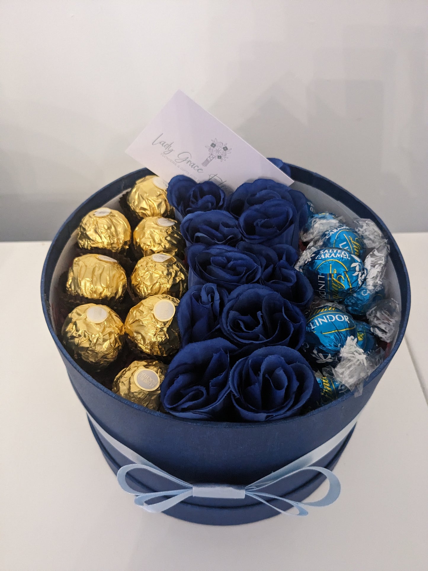 Blue Ferrero & Lindt Hat Box Silk Flowers Gift - Large