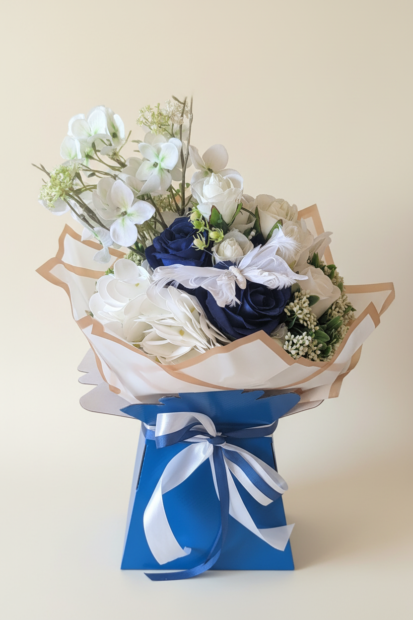 Blue/White Silk Flowers Hand Tied Bouquet