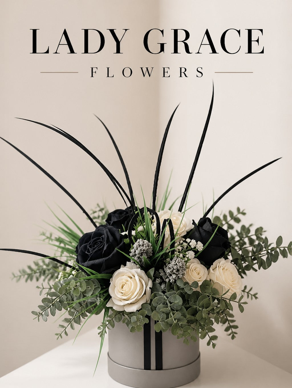 Silver Black Cream Stunning Silk Flowers Hat Box