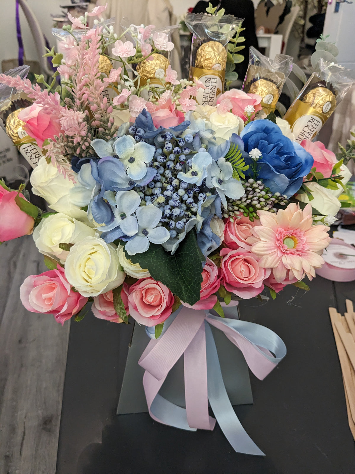 Ferrero Rocher Silver Pink & Blue Stunning Silk Flowers Bouquet Gift