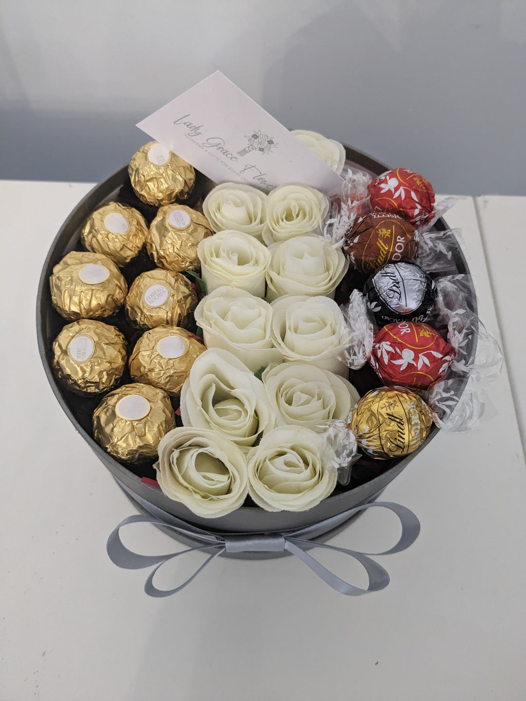 Grey Ferrero & Lindt Hat Box Silk Flowers Gift - Medium