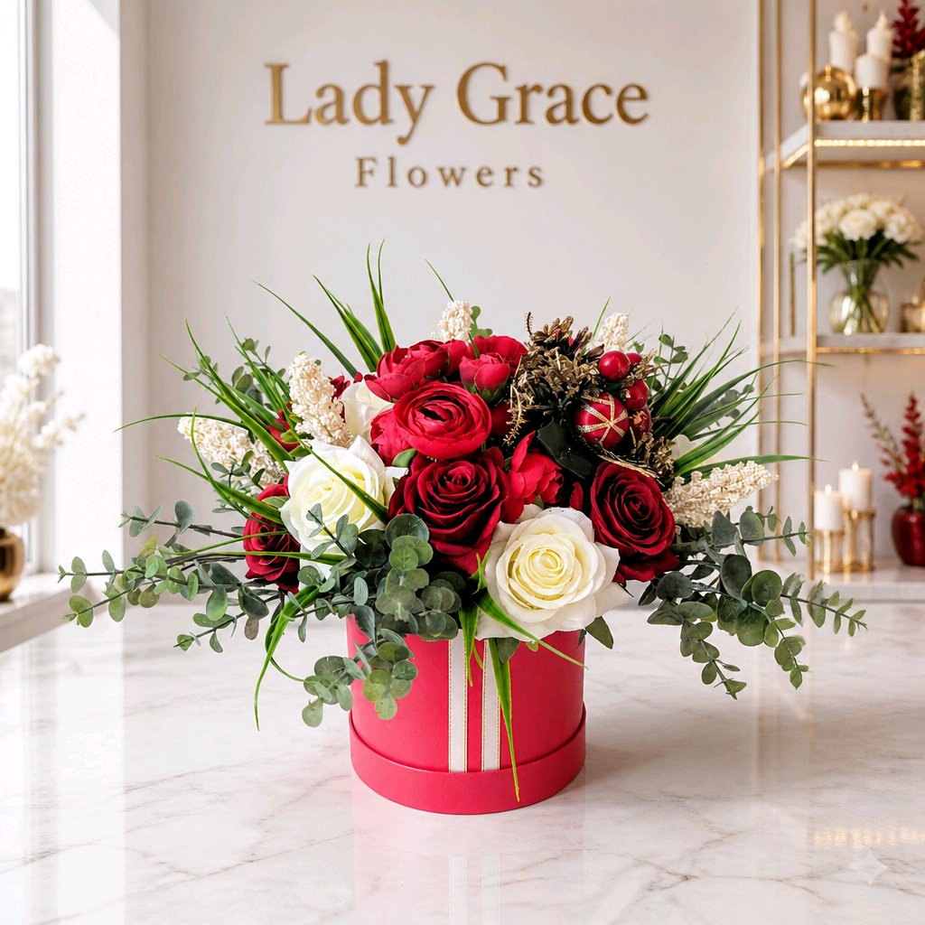 Red Christmas Peony Silk Flowers Hat Box