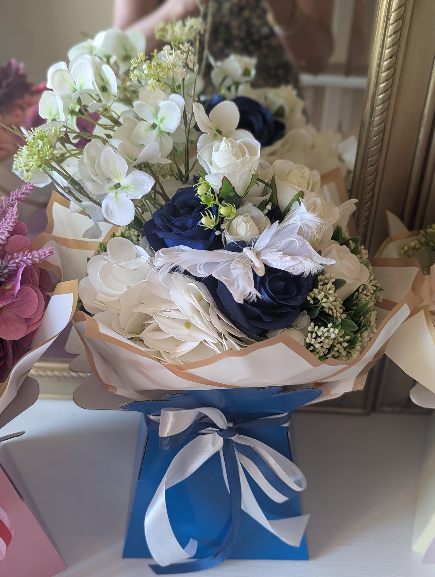 Blue/White Silk Flowers Hand Tied Bouquet