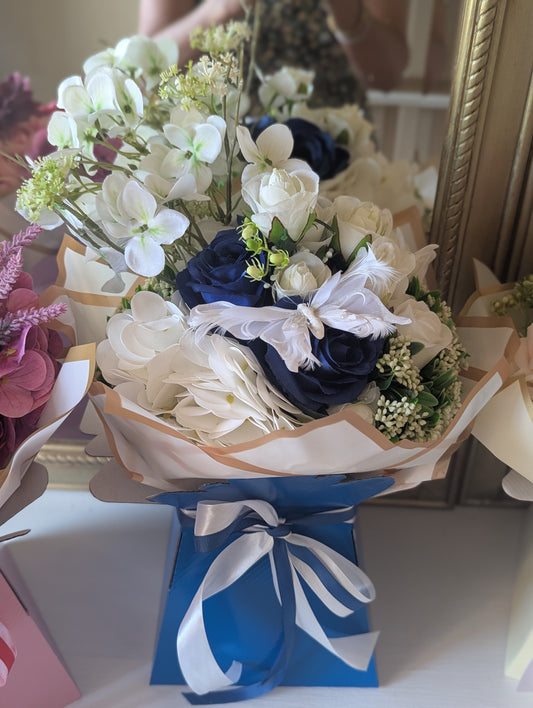 Blue/White Silk Flowers Hand Tied Bouquet