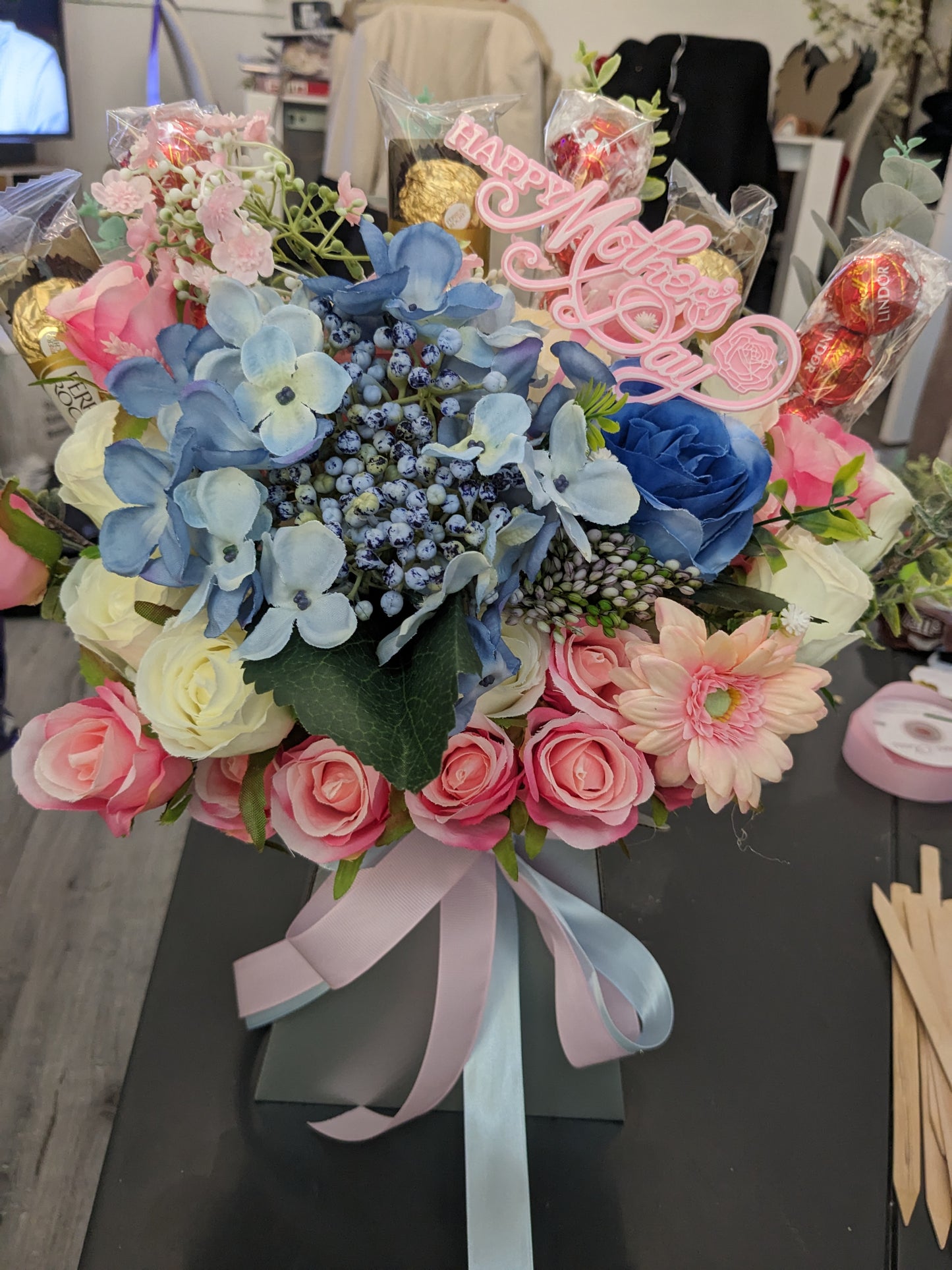 Mother's Day Ferrero Rocher & Lindt Lindor Silver Pink & Blue Stunning Silk Flowers Bouquet Gift