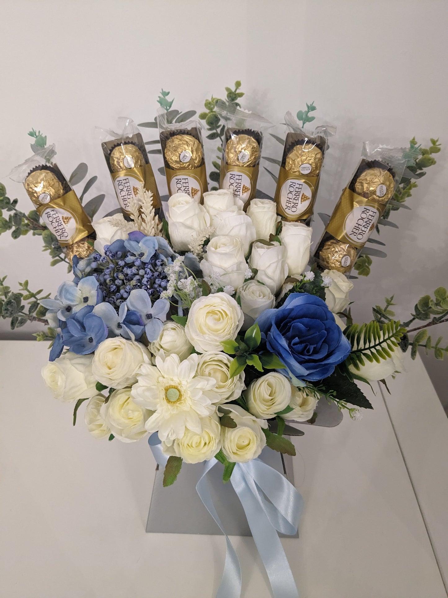 Ferrero Rocher Silver & Blue Stunning Silk Flowers Bouquet Gift