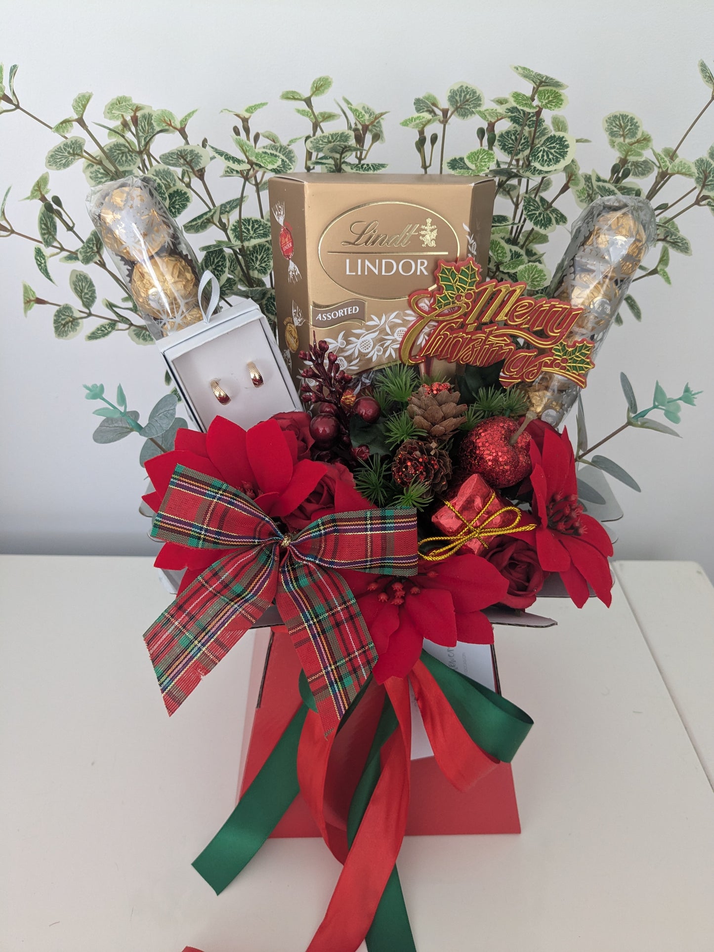 Stunning Christmas Lindt and Ferrero Earrings Silk Flowers Bouquet Gift