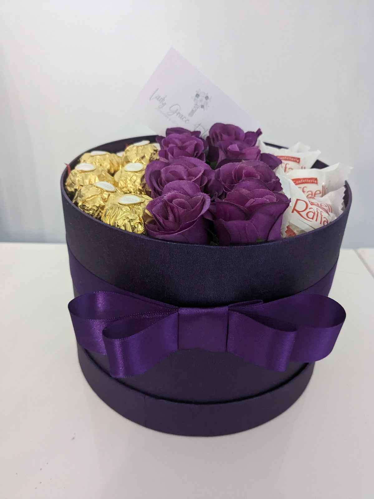 Purple Ferrero & Rafaello Hat Box Silk Flowers Gift - Large