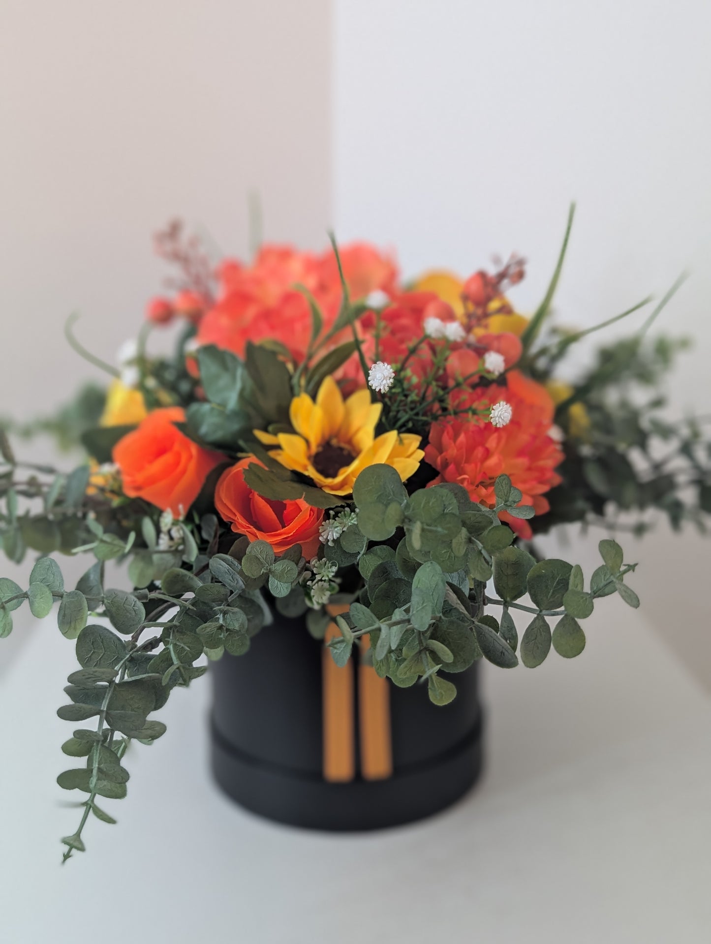 Black/Orange Silk Flowers Hat Box Gift