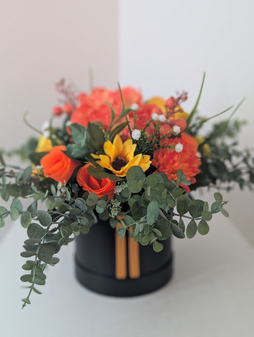 Black/Orange Silk Flowers Hat Box Gift