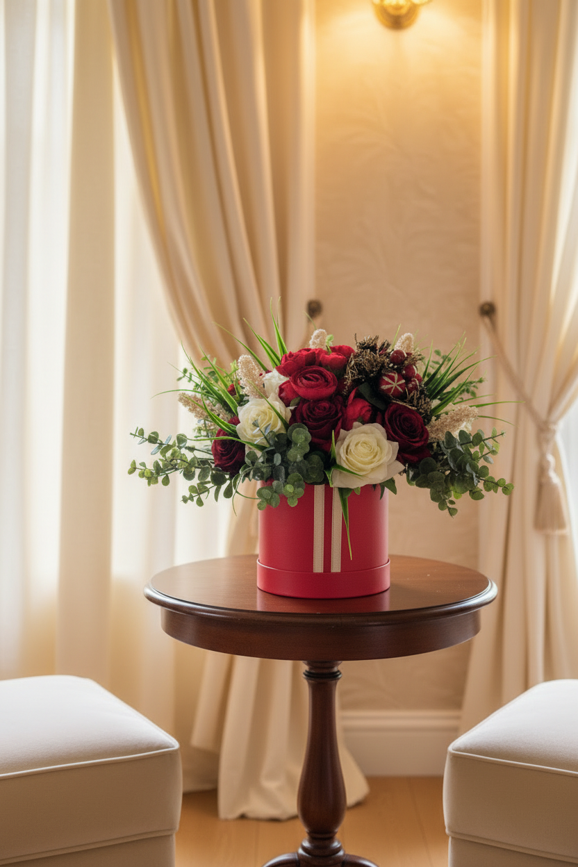 Red Christmas Peony Silk Flowers Hat Box