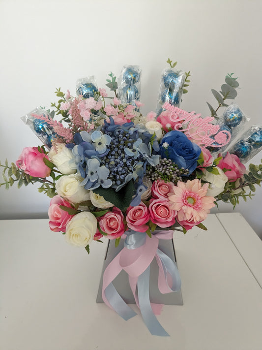 Lindt Lindor Silver Pink & Blue Stunning Silk Flowers Bouquet Gift