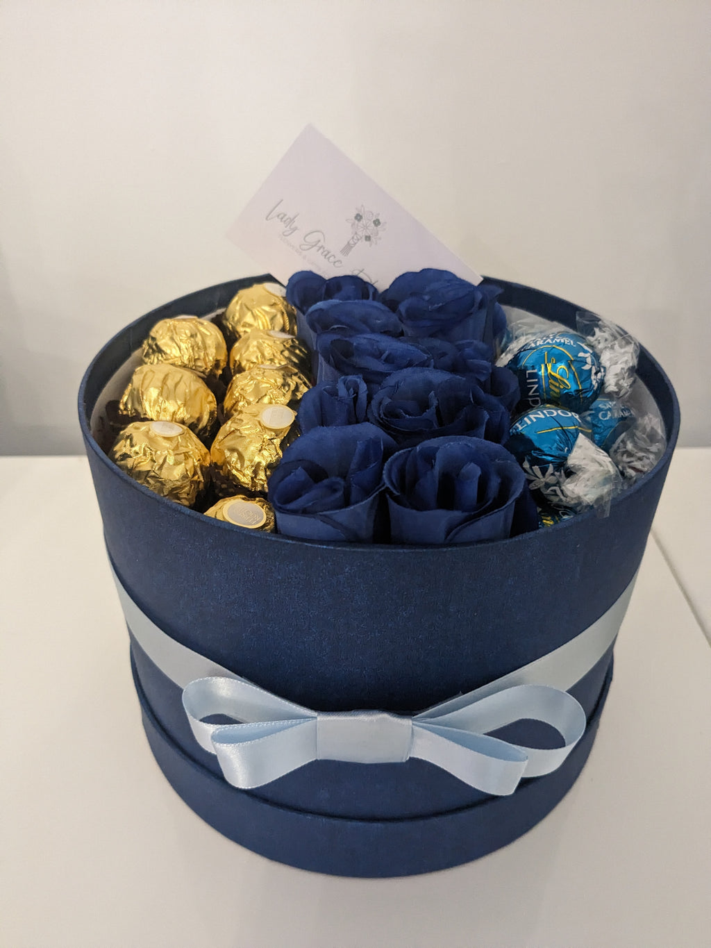 Blue Ferrero & Lindt Hat Box Silk Flowers Gift - Medium