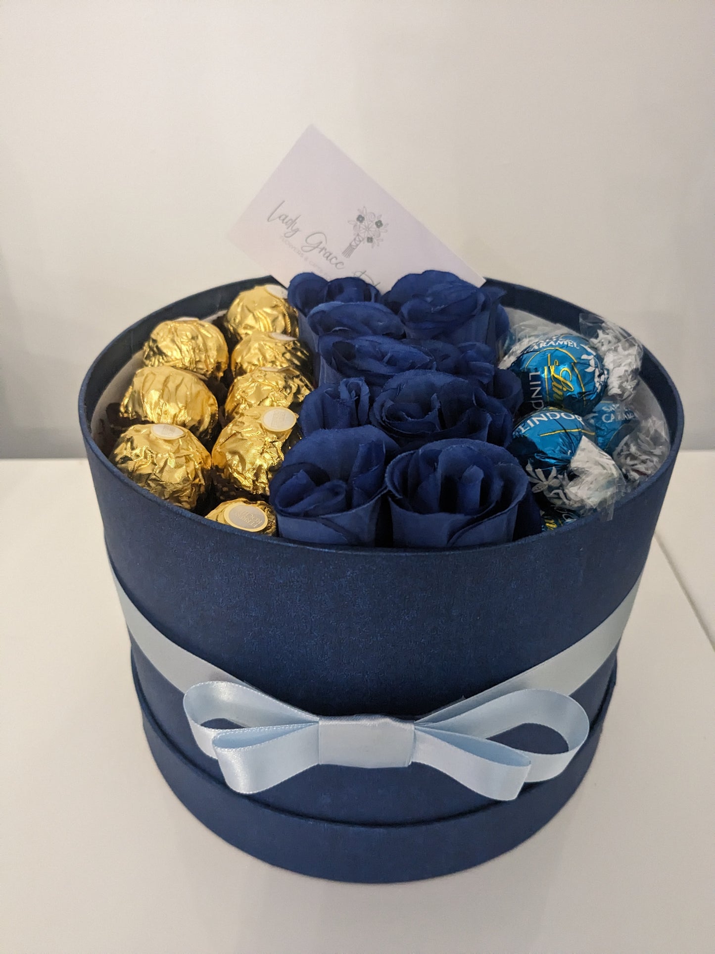 Blue Ferrero & Lindt Hat Box Silk Flowers Gift - Large