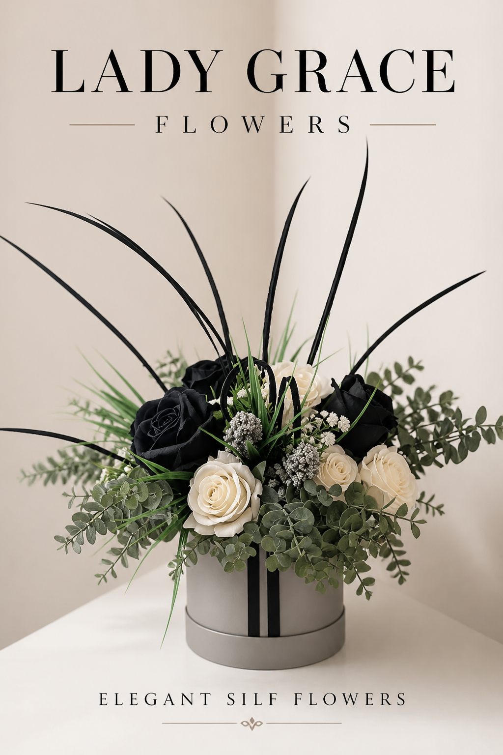Silver Black Cream Stunning Silk Flowers Hat Box