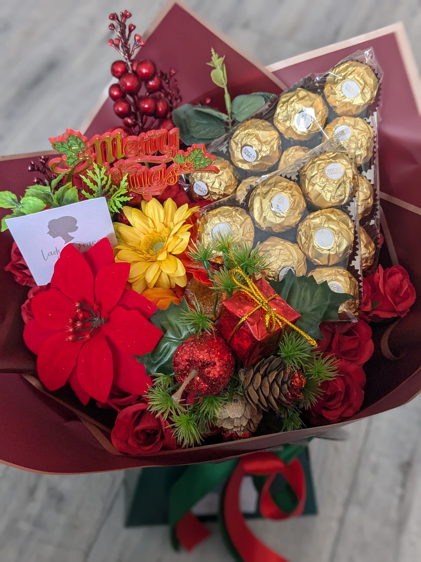 Christmas Red/Green Ferrero Rocher Stunning Handtied Bouquet