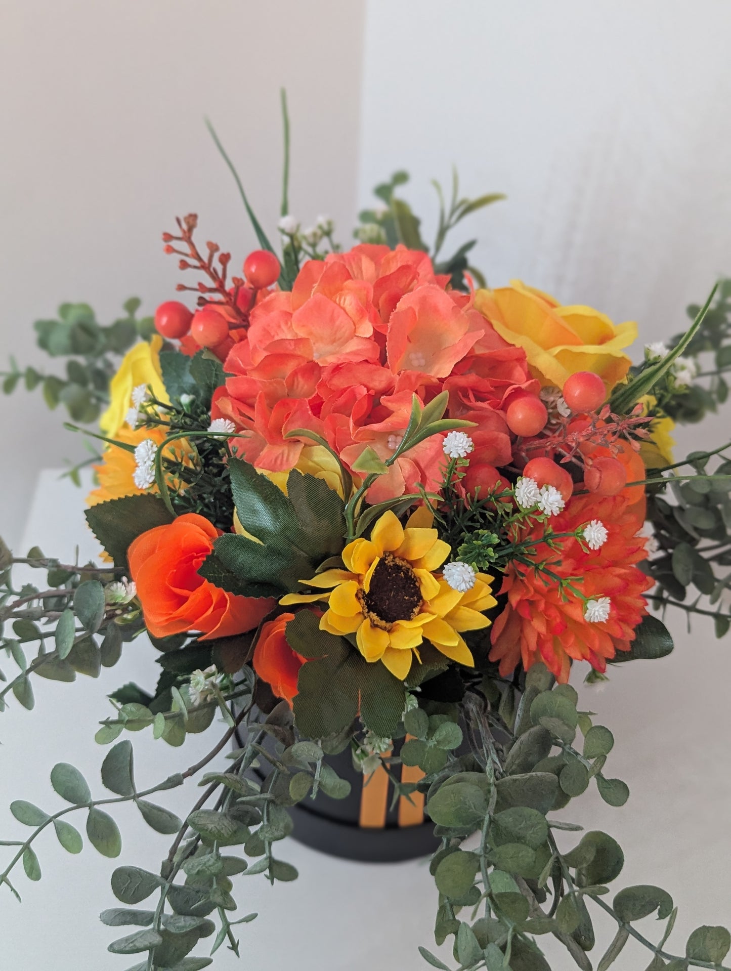 Black/Orange Silk Flowers Hat Box Gift
