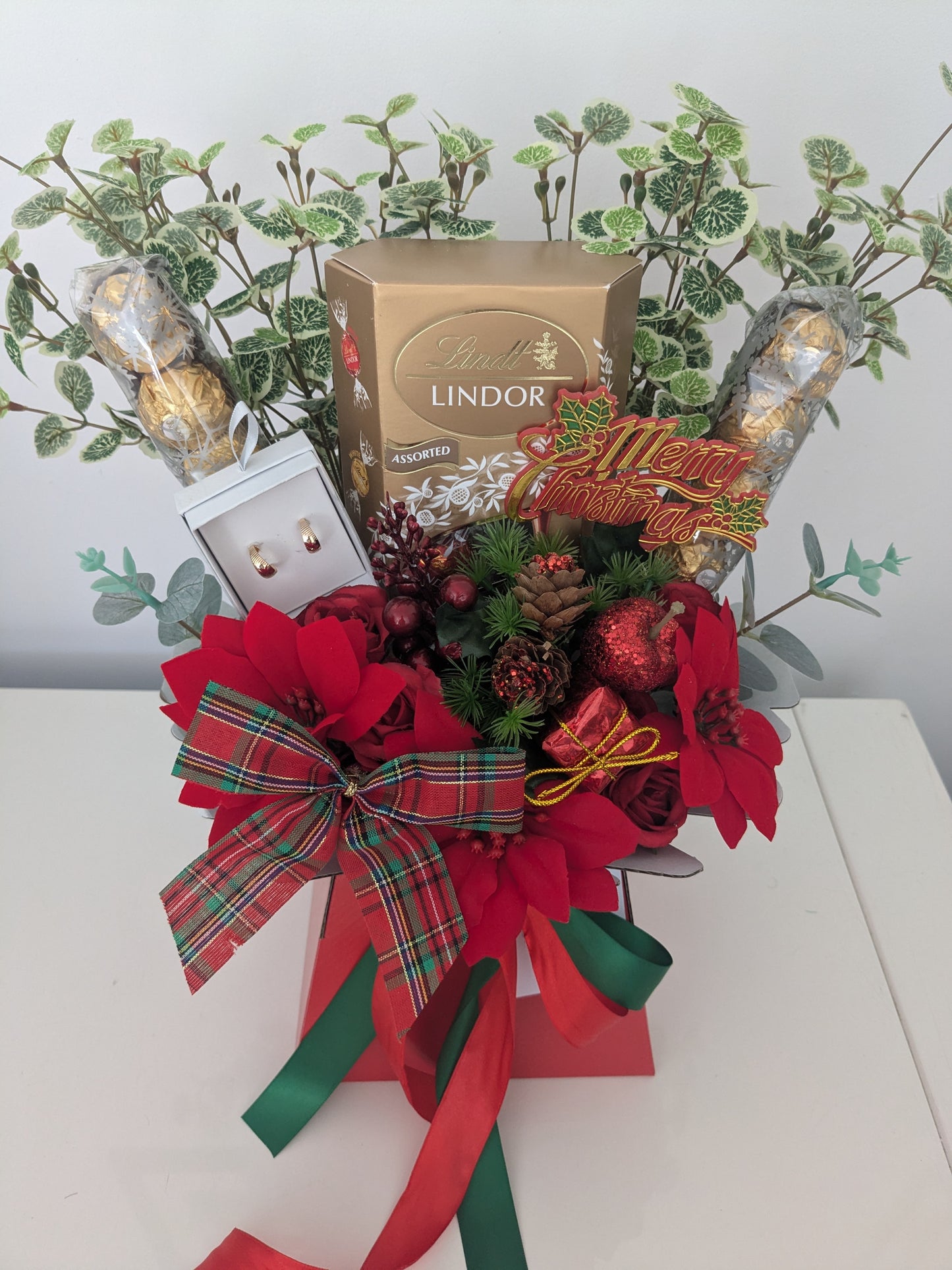 Stunning Christmas Lindt and Ferrero Earrings Silk Flowers Bouquet Gift