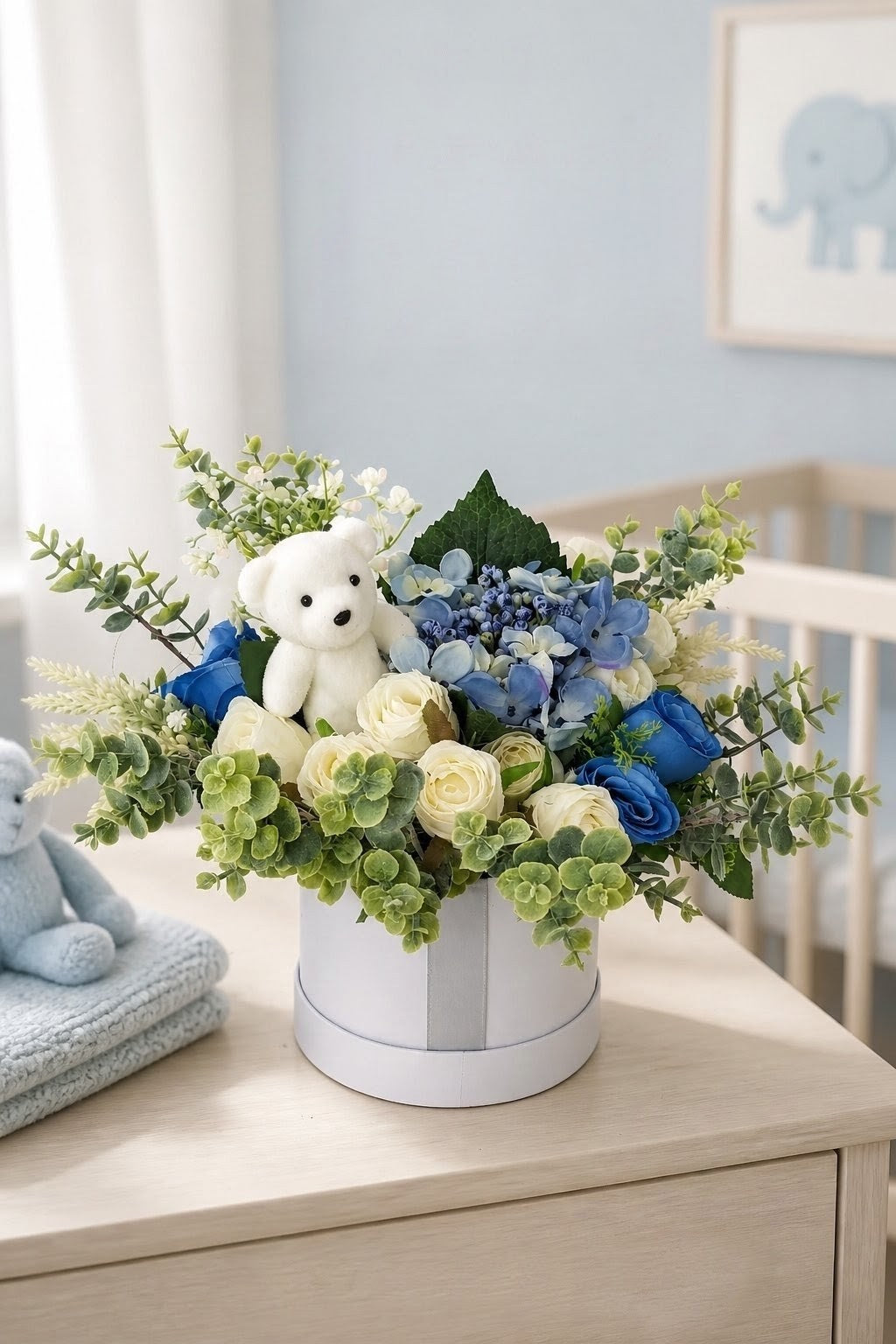 Baby Boy Silver & Blue Stunning Silk Flowers Hat Box